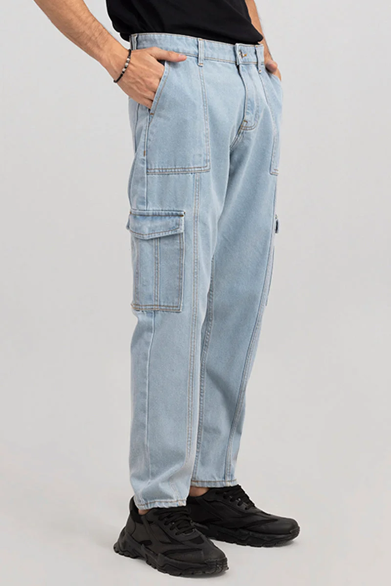 Snitch Light Blue Hip Hop Ice Blue Baggy Cargo Jeans for Men | Best Price UAE